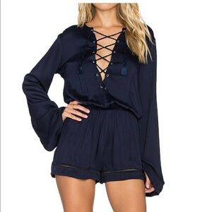 Faithfull The Brand Studio Satin Romper Size M Medium Midnight Navy Tassles.